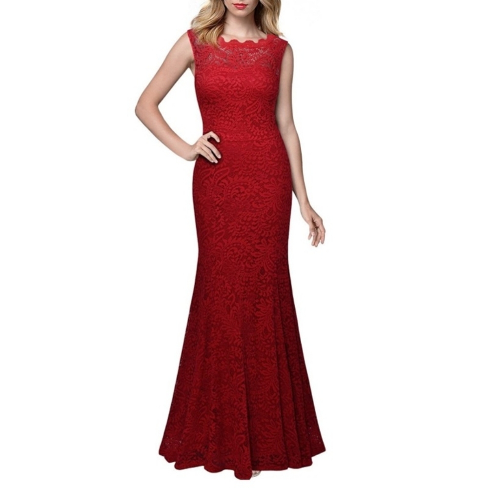 Miusol Red Retro Flare Lace Evening Maxi Dress